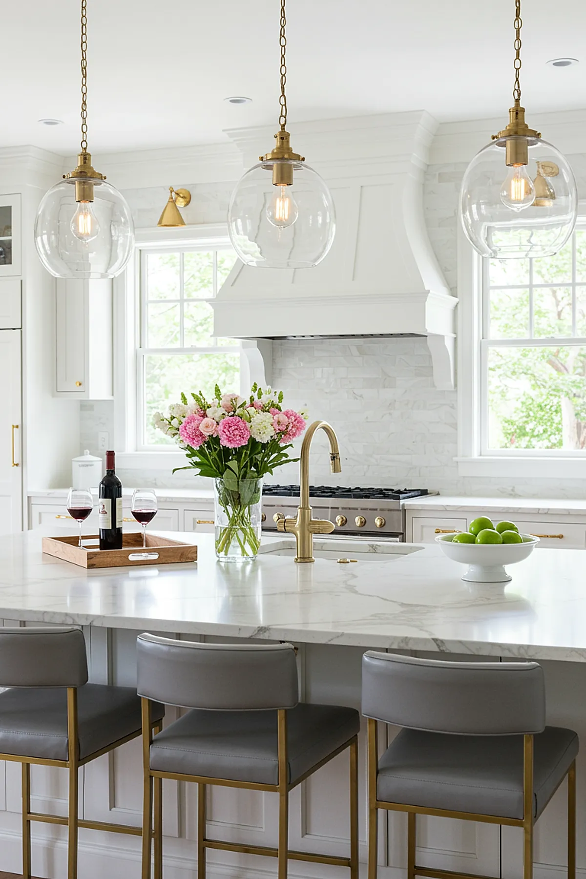 Clear glass globe pendant lights with brass chains above a marble kitchen island with gray stools and decor.