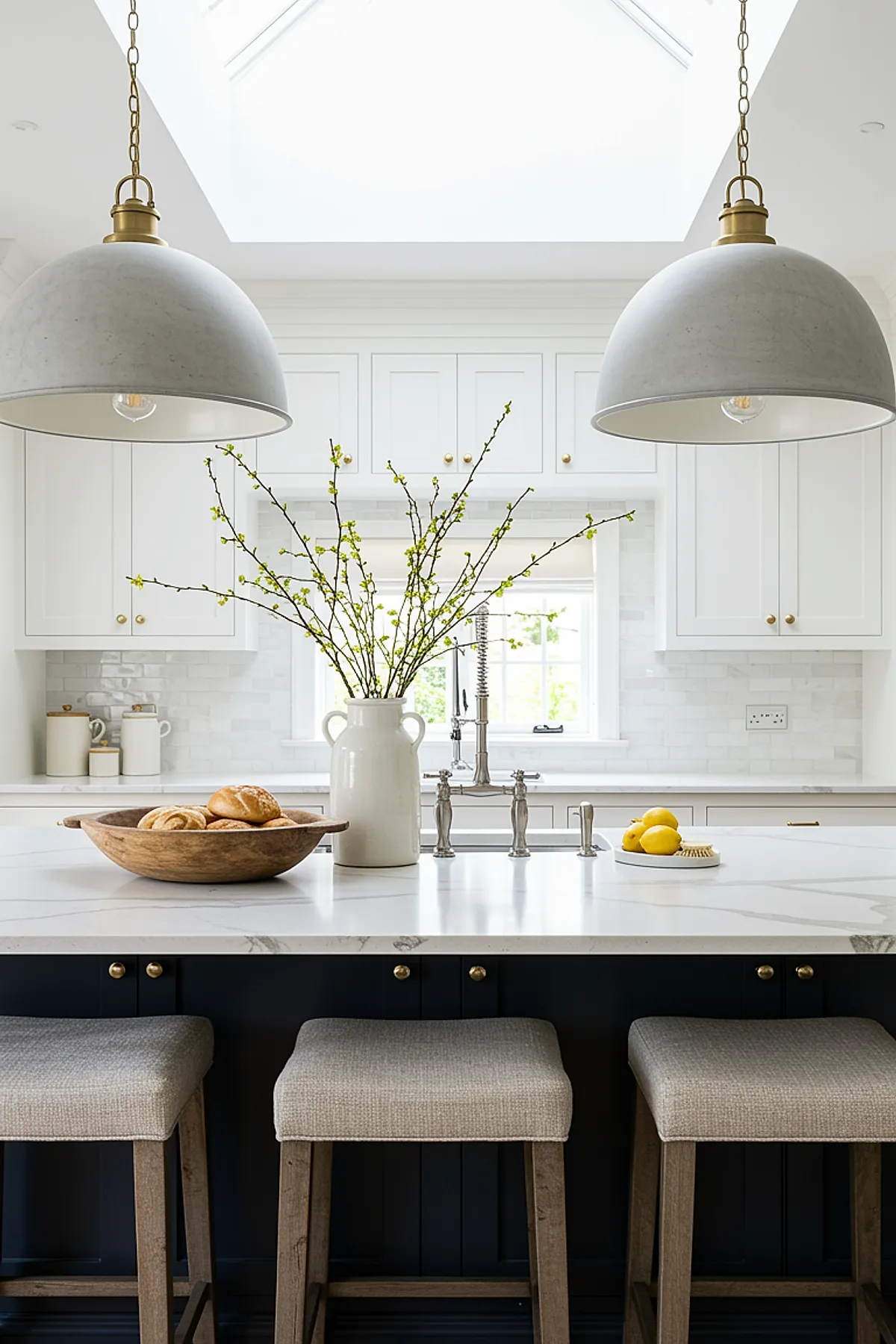 Concrete dome pendant lights with brass details above a white kitchen island and stools.