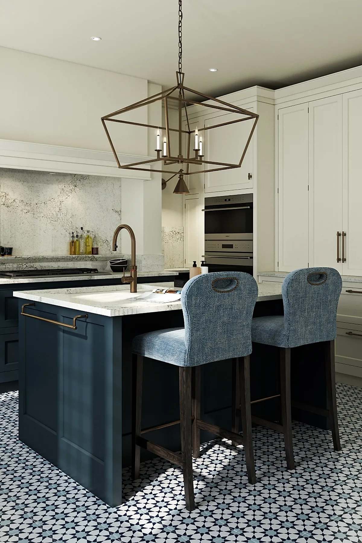 Open frame chandelier over navy blue kitchen island with marble countertop and blue chairs.