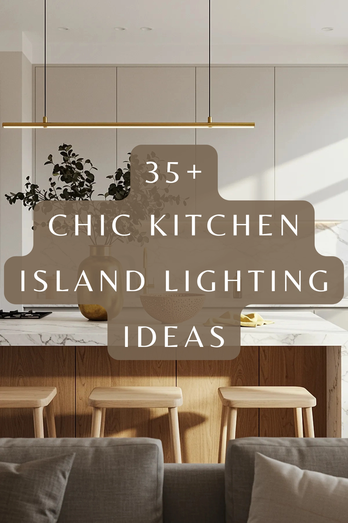 A modern kitchen featuring warm wood cabinetry, a marble kitchen island, and sleek brass pendant lights over a long island, showcasing stylish kitchen island lighting ideas and kitchen lighting fixtures. Text overlay reads "35+ Chic Kitchen Island Lighting Ideas"