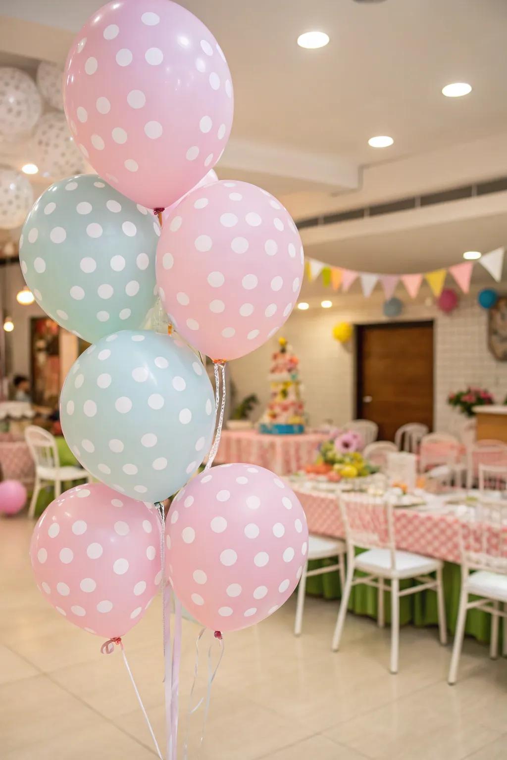 Polka dot balloons add a whimsical touch to the decor.