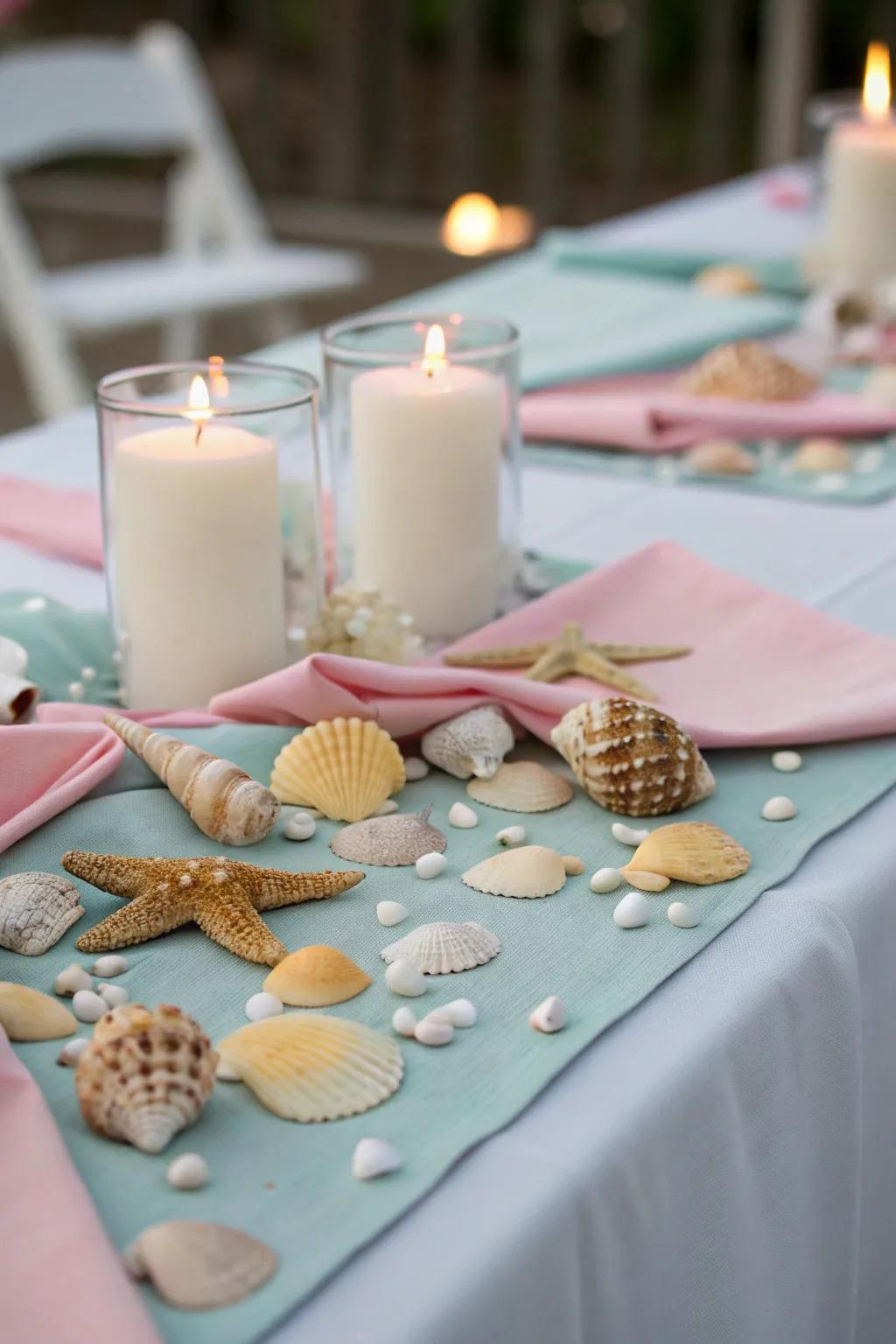 Ocean shells add a beachy and elegant touch to the table decor.