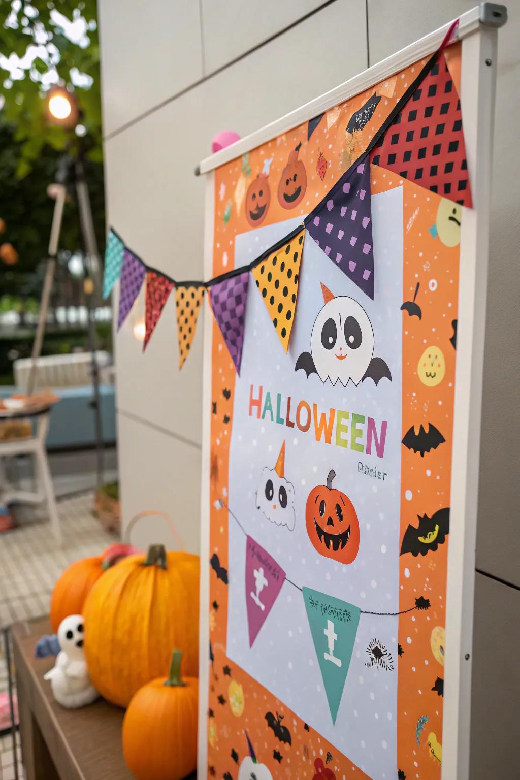 Festive banner accents poster adding cheerful Halloween flair.