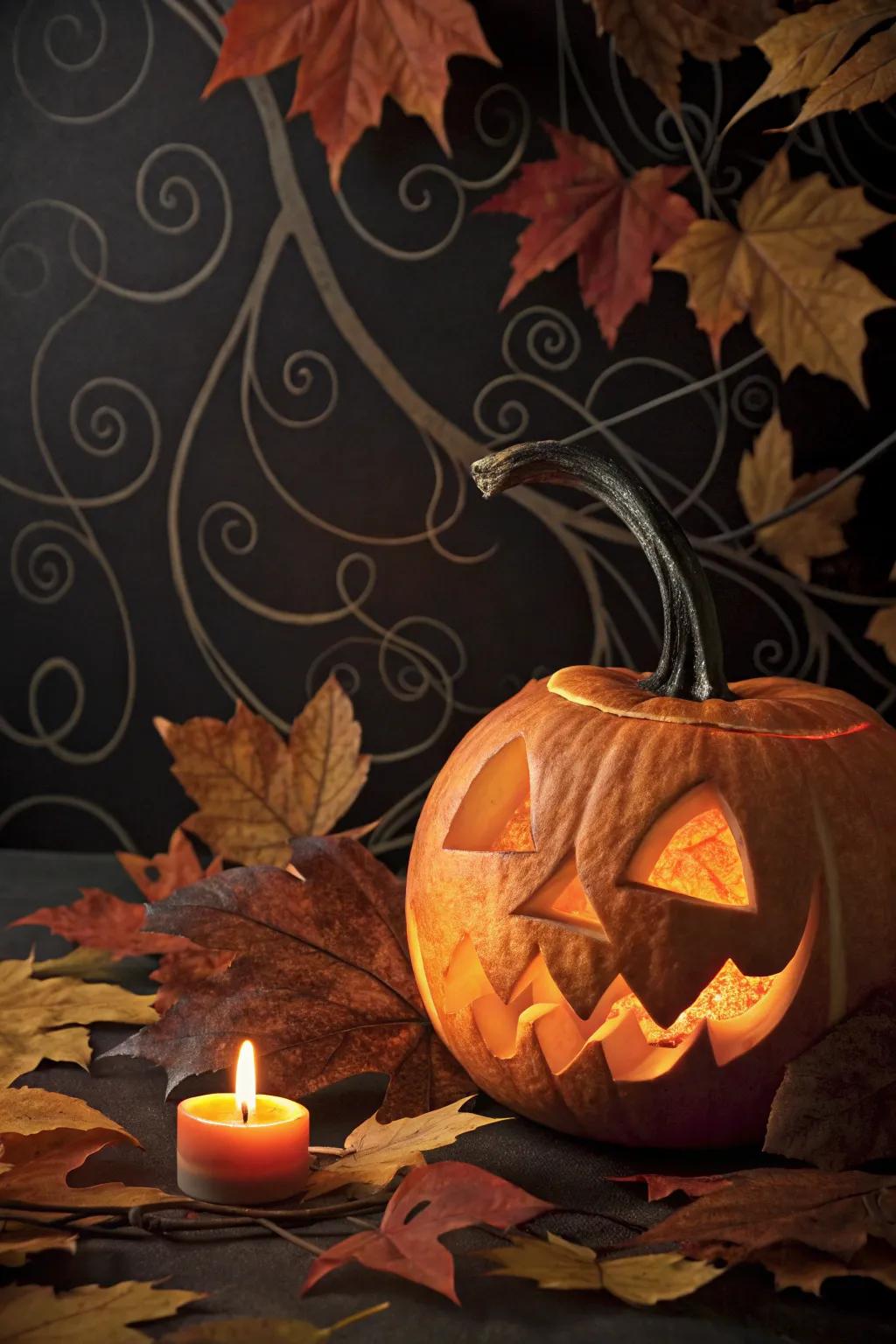 Traditional Halloween poster featuring a carved pumpkin centerpiece.
