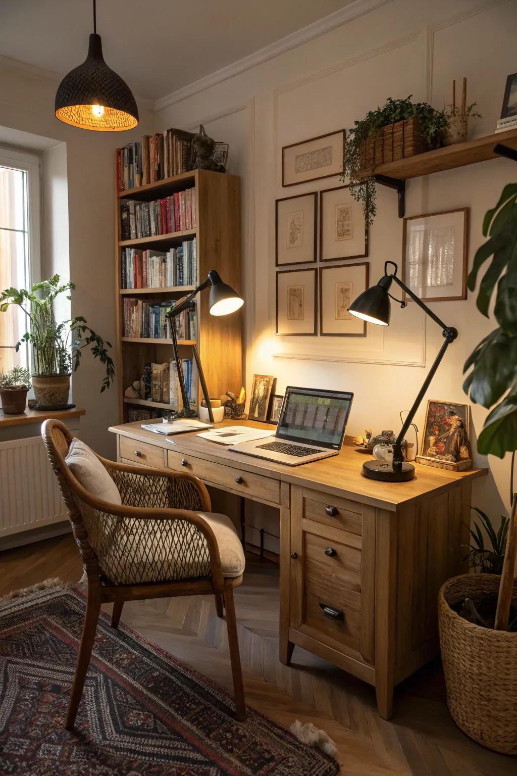 Gentle lighting creates a cozy and inviting workspace vibe.