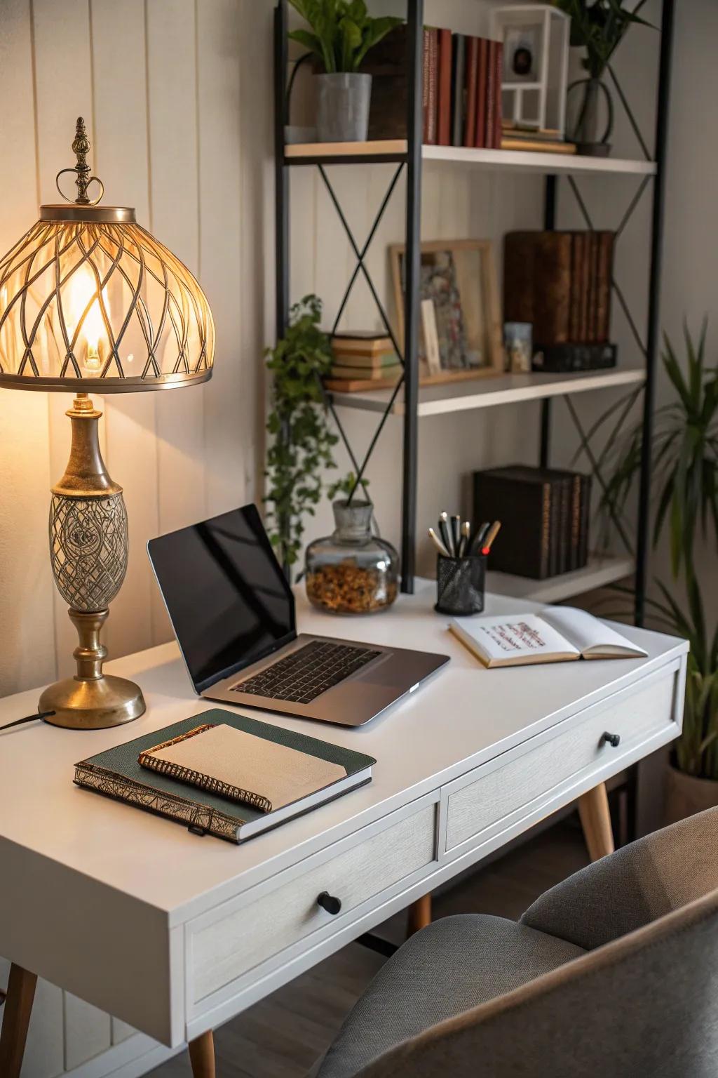 A mix of modern and antique details creates a distinct home office style.