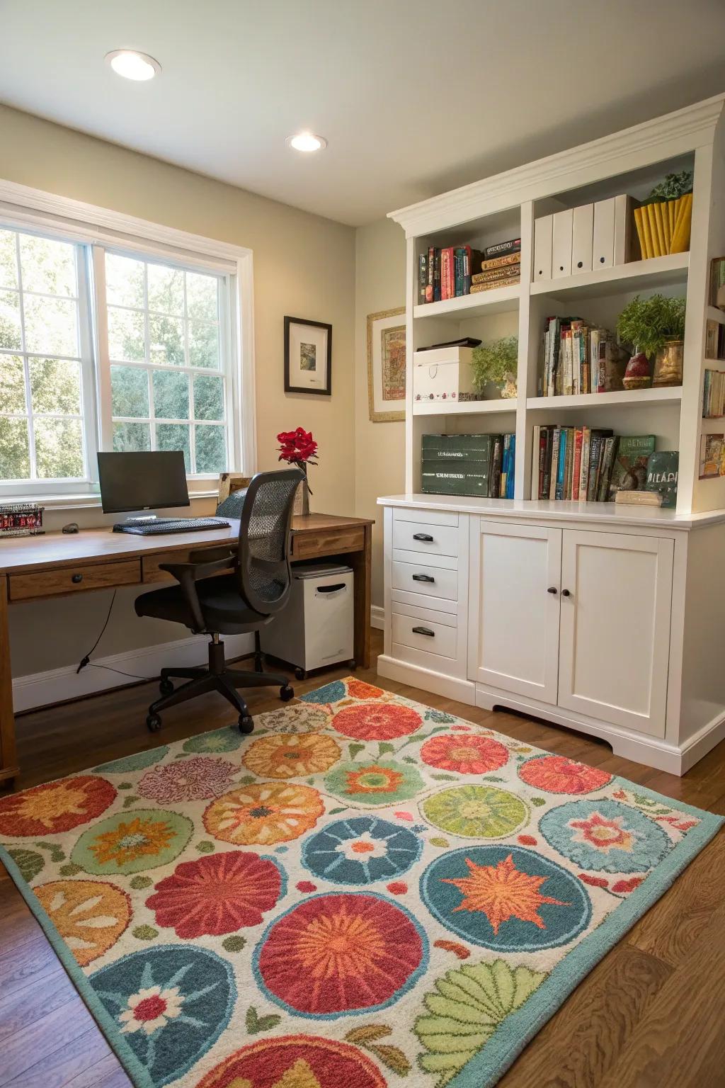 A bright floor covering adds warmth and defines your workspace.