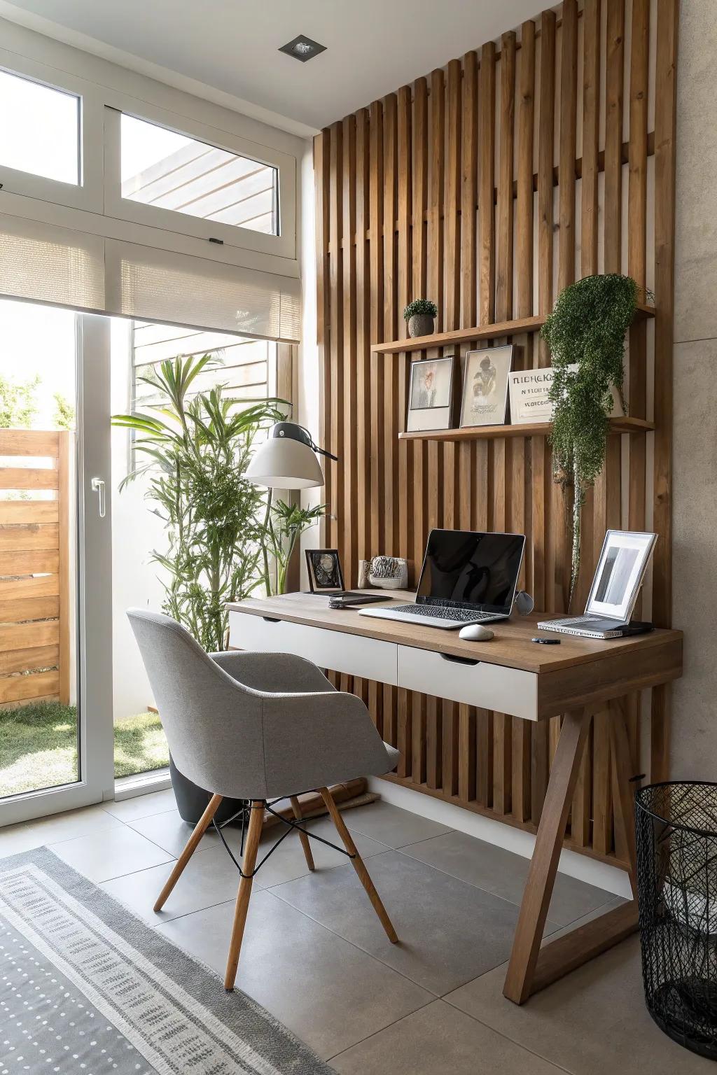 Spruce up your home office with a timber backdrop that boosts productivity.
