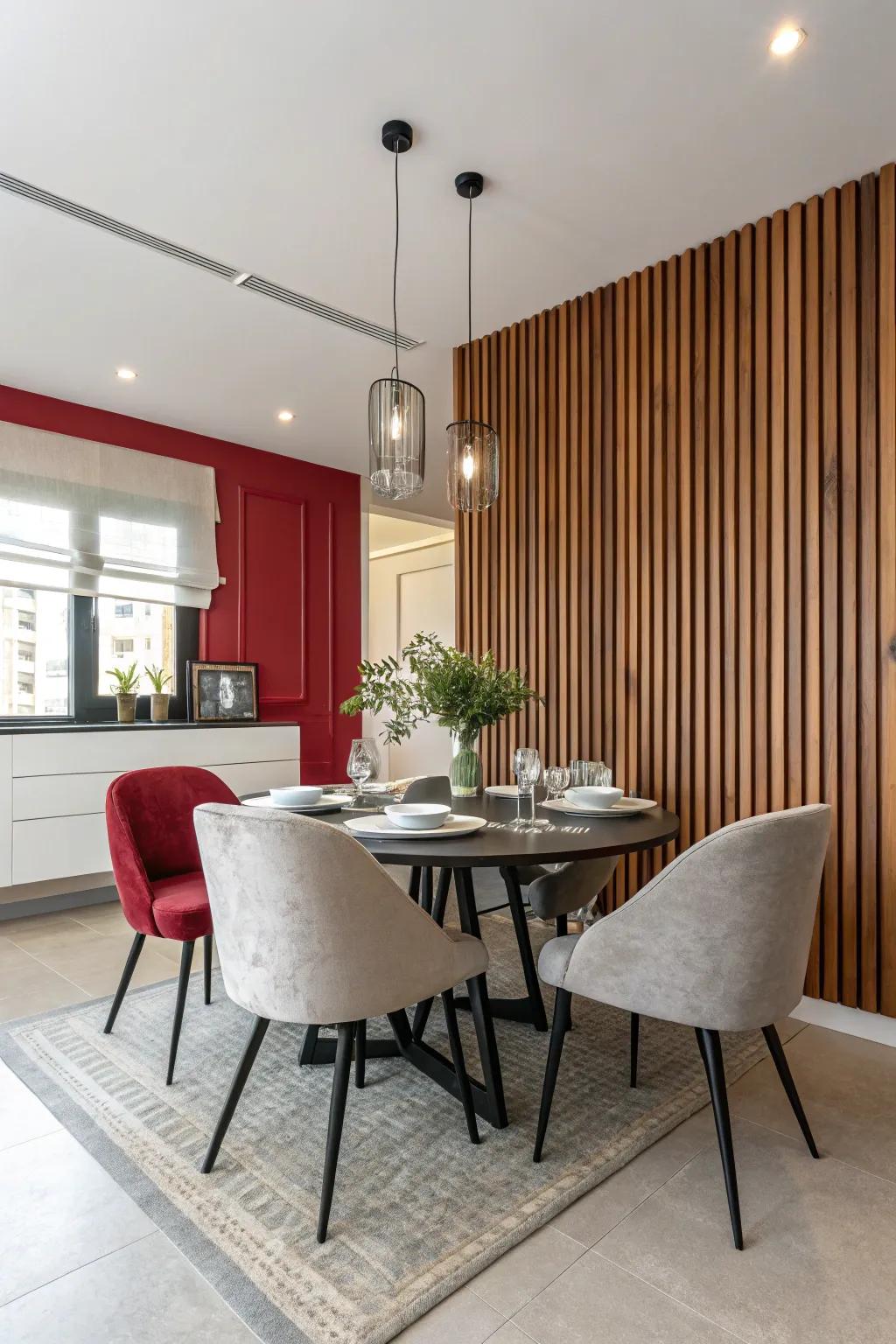 Make a statement in your dining space with a striking timber feature wall.