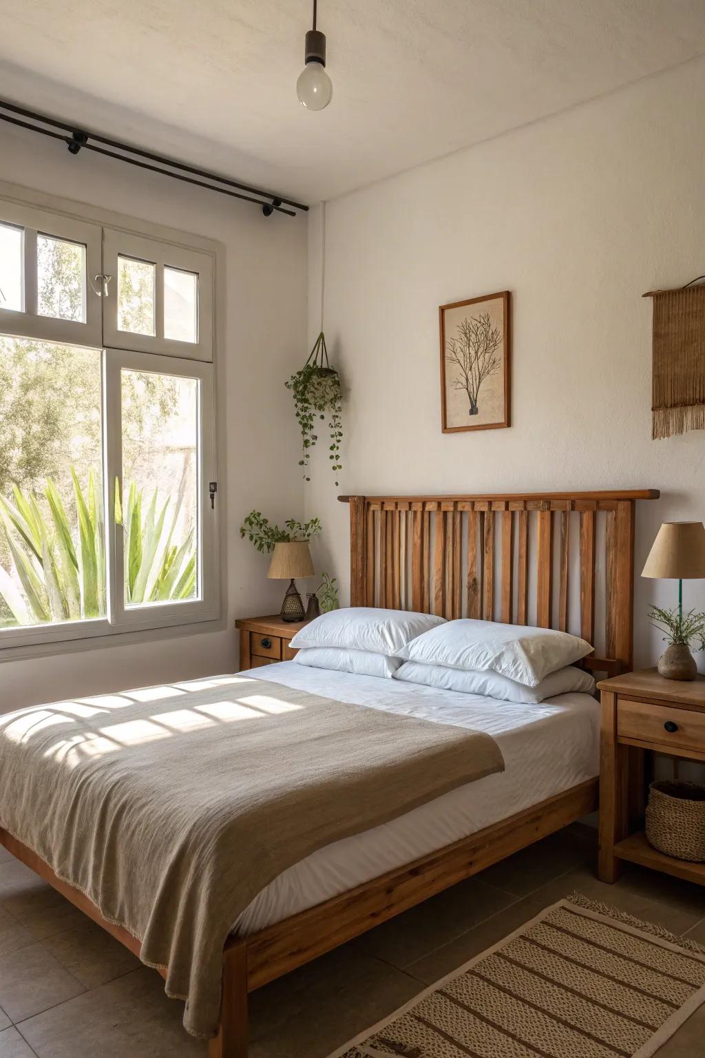 Design a snug sanctuary with a timber panel headboard that introduces warmth and elegance.