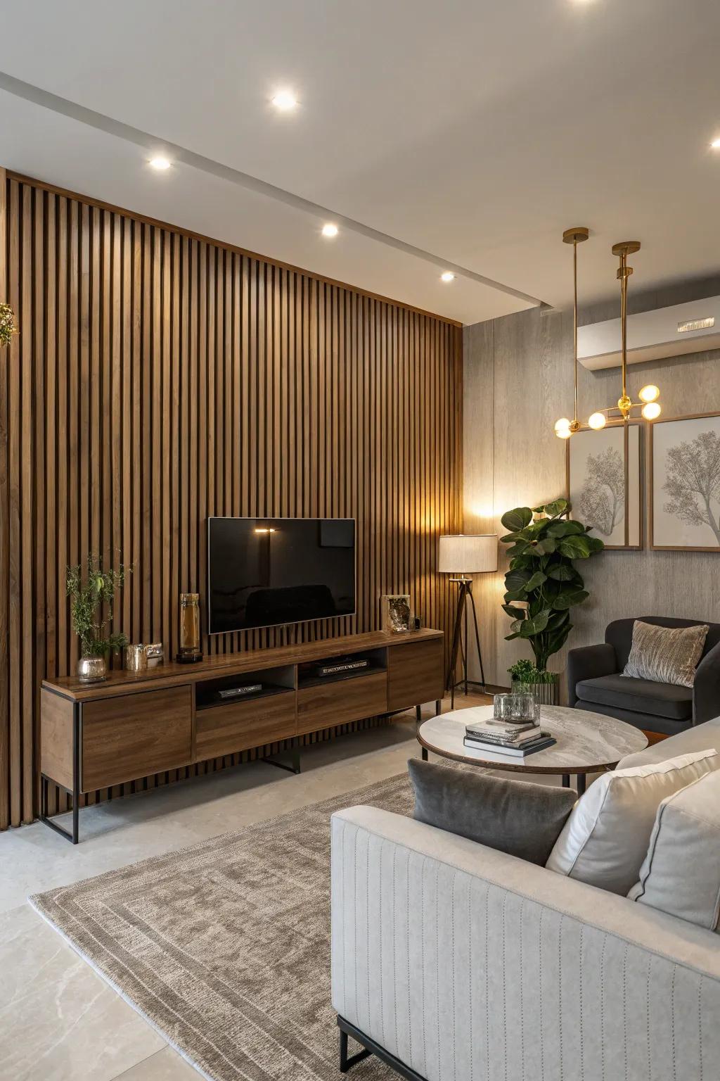 Transform your living area with a vertical timber wall that highlights height and elegance.