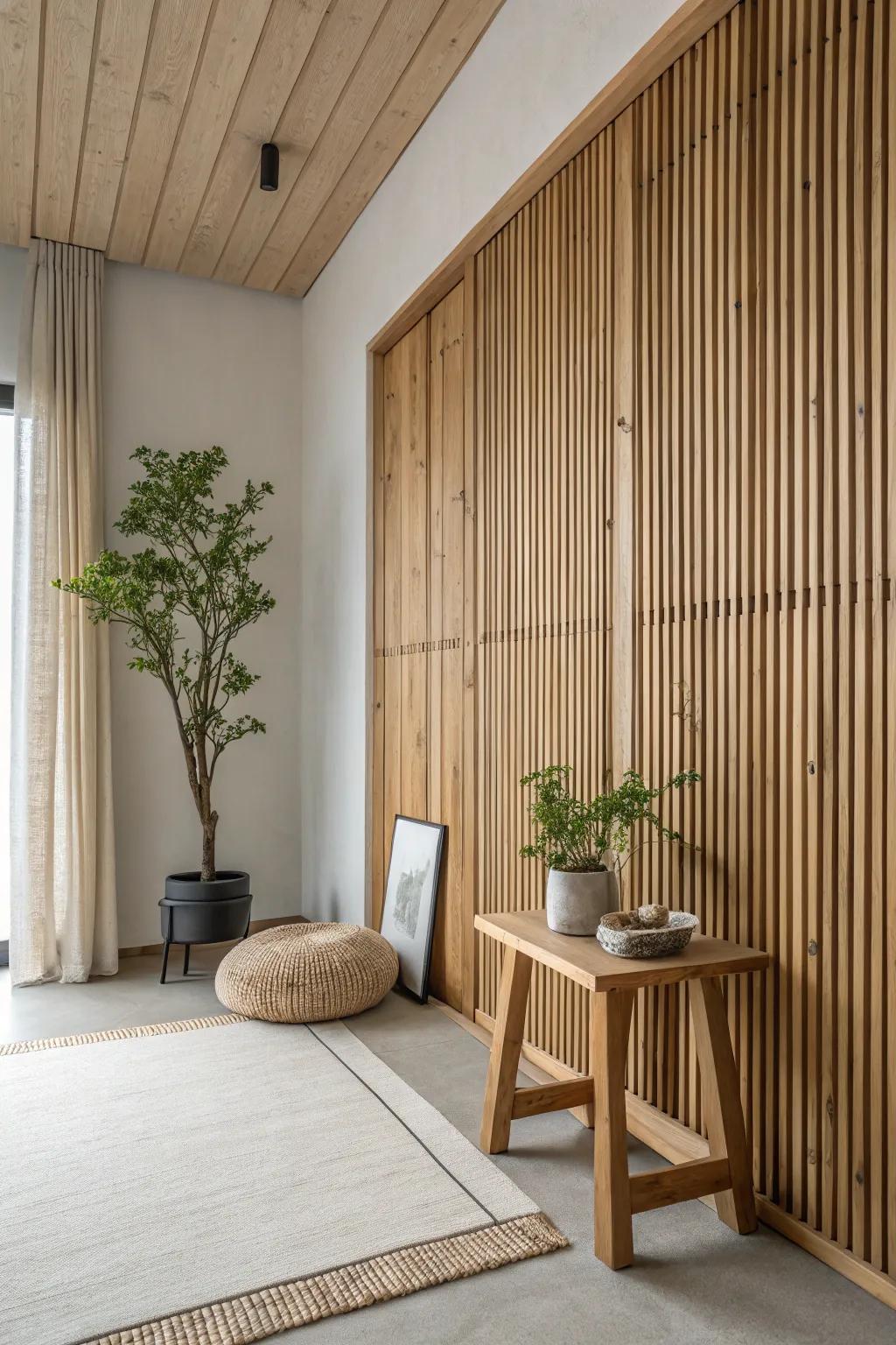 Achieve serenity with a natural timber wall that complements minimalist decor.