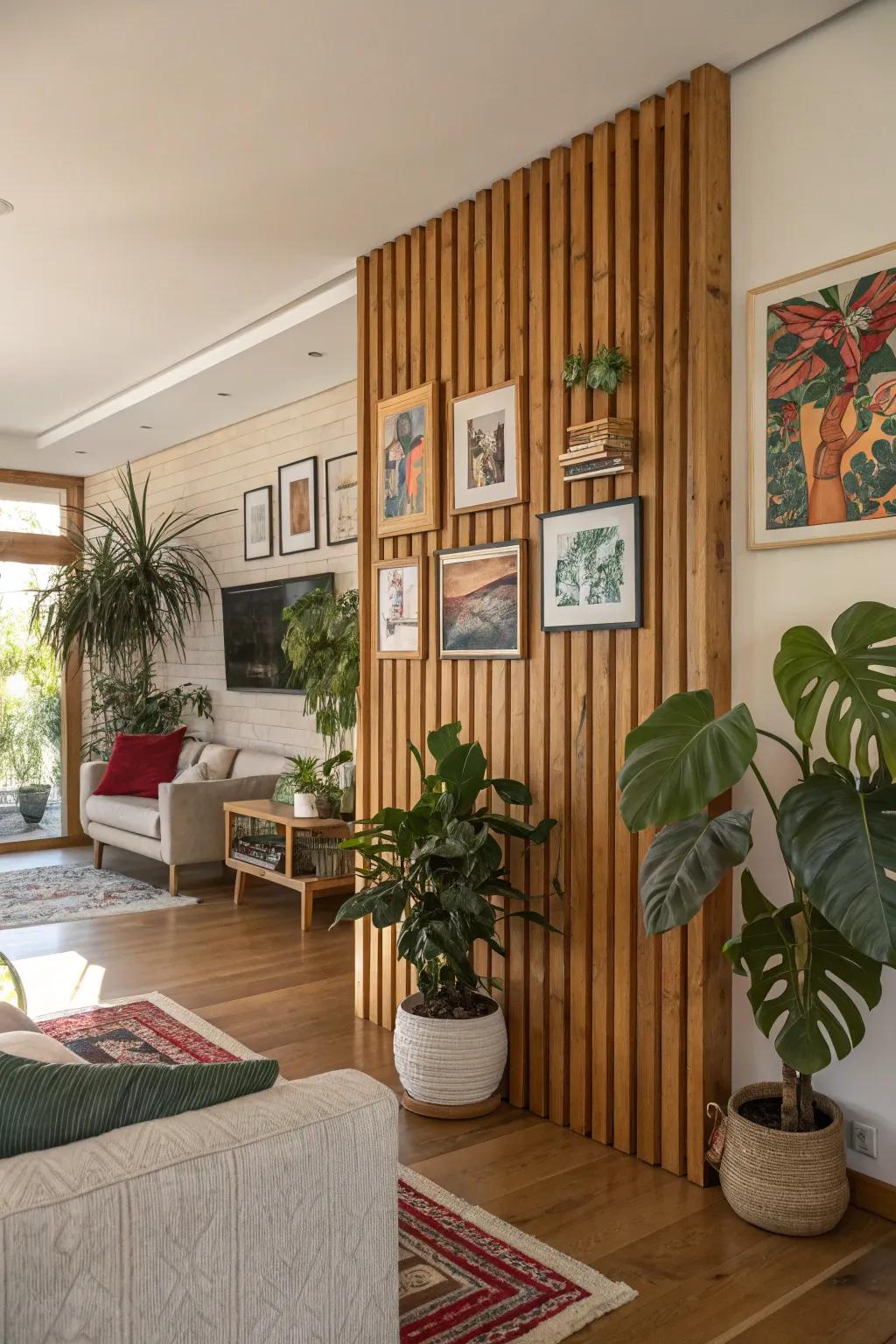 Bring your space to life with art and greenery on a timber wall.