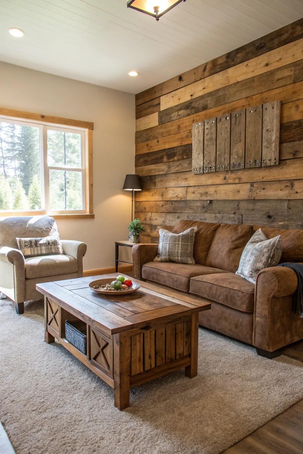 Living room showcasing recycled wood furniture and a standout wall.