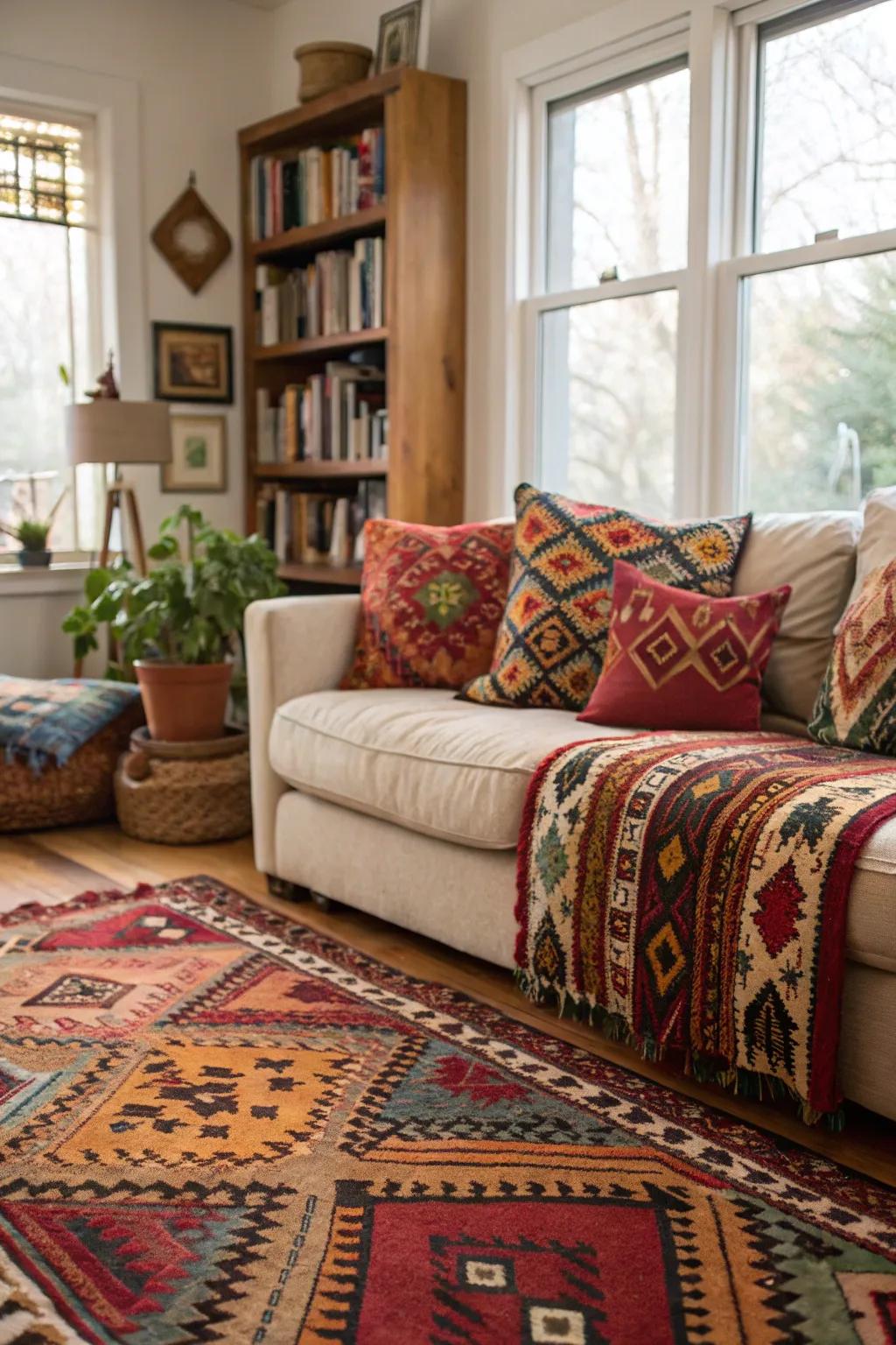 Living room with ethnic patterned decor for a free-spirited vibe.