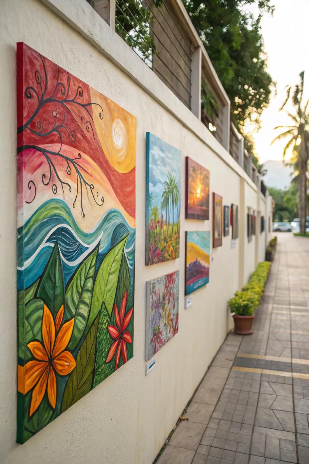 Wall decorated with natural-inspired abstract artwork.