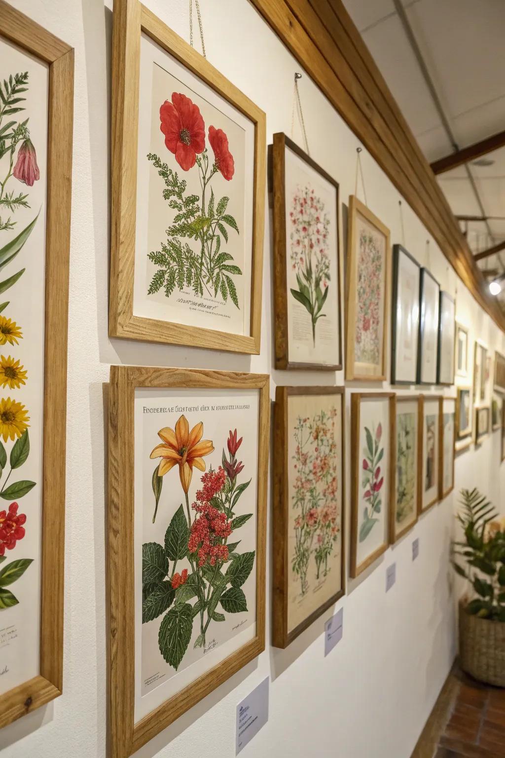 Wall decorated with botanical prints for a touch of nature.