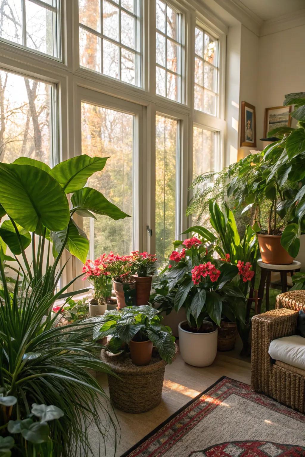 Room overflowing with indoor plants and ample natural light.