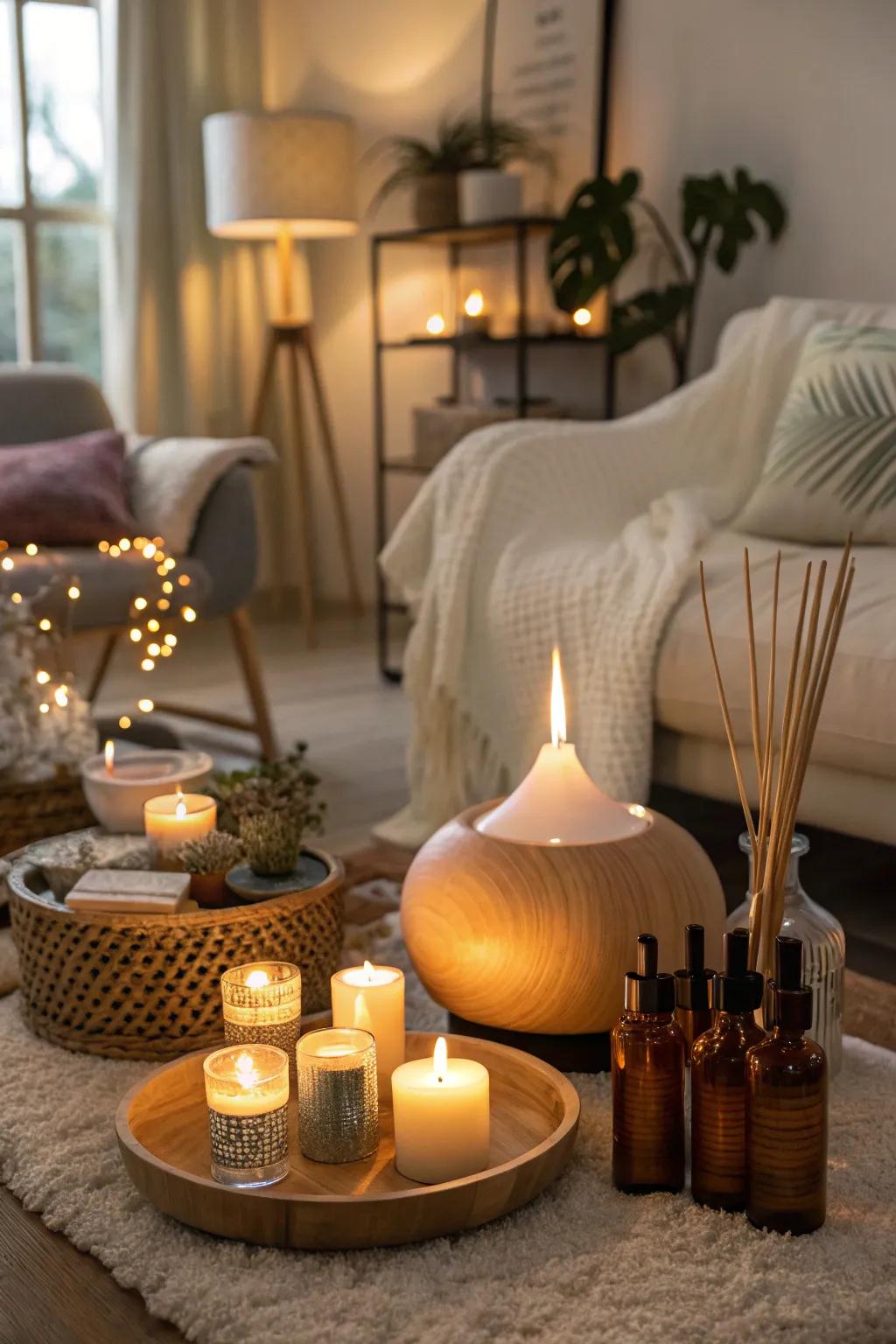 Room featuring fragrant elements for an enhanced atmosphere.