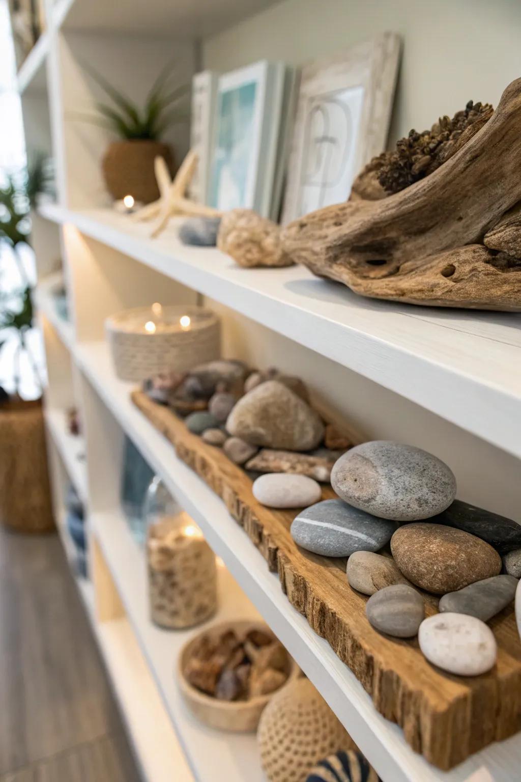Shelf showcasing natural finds such as stones and driftwood.