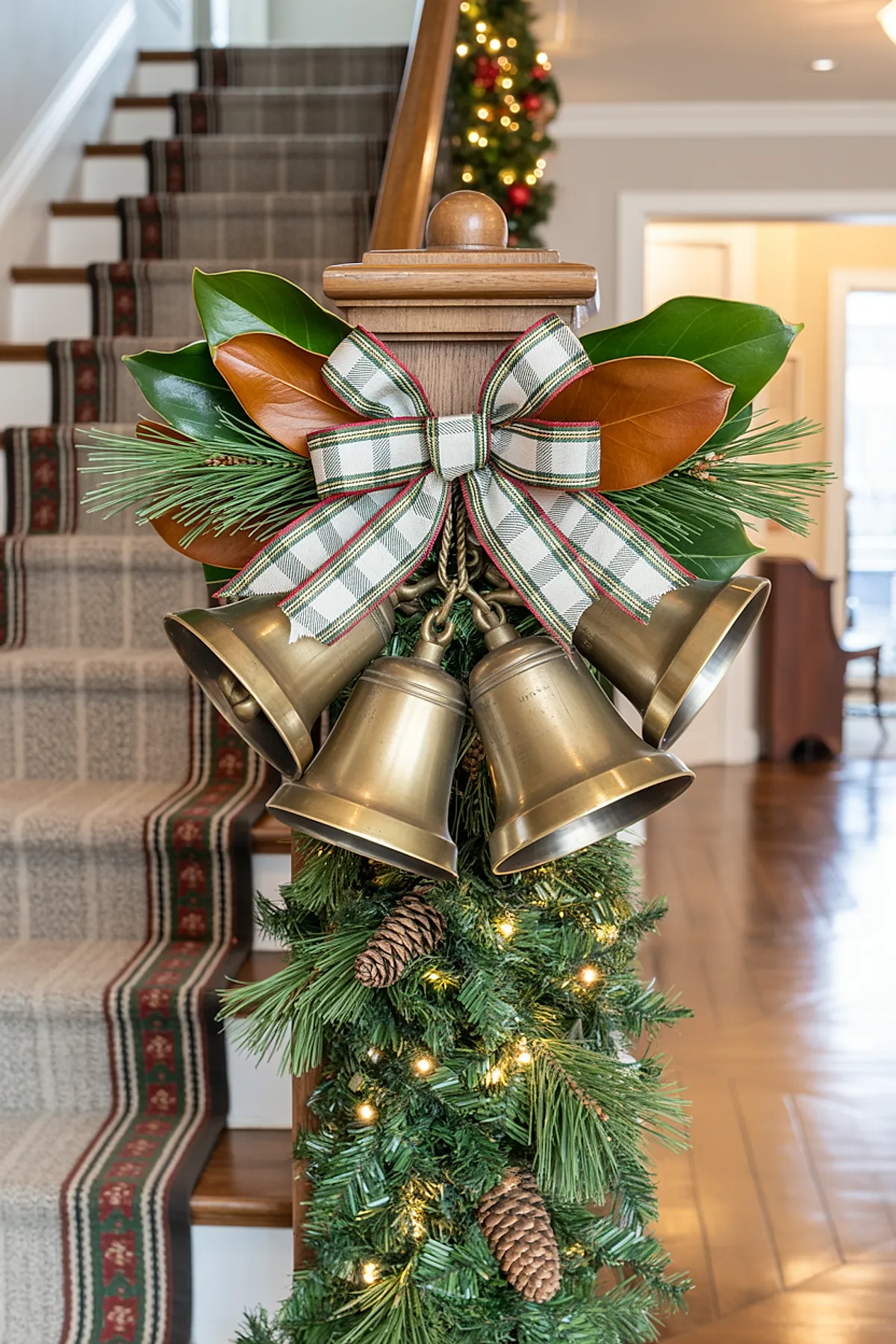 Wooden banister adorned with pine garland, pinecones, magnolia leaves, brass bells, and a plaid bow in white, green, and red.