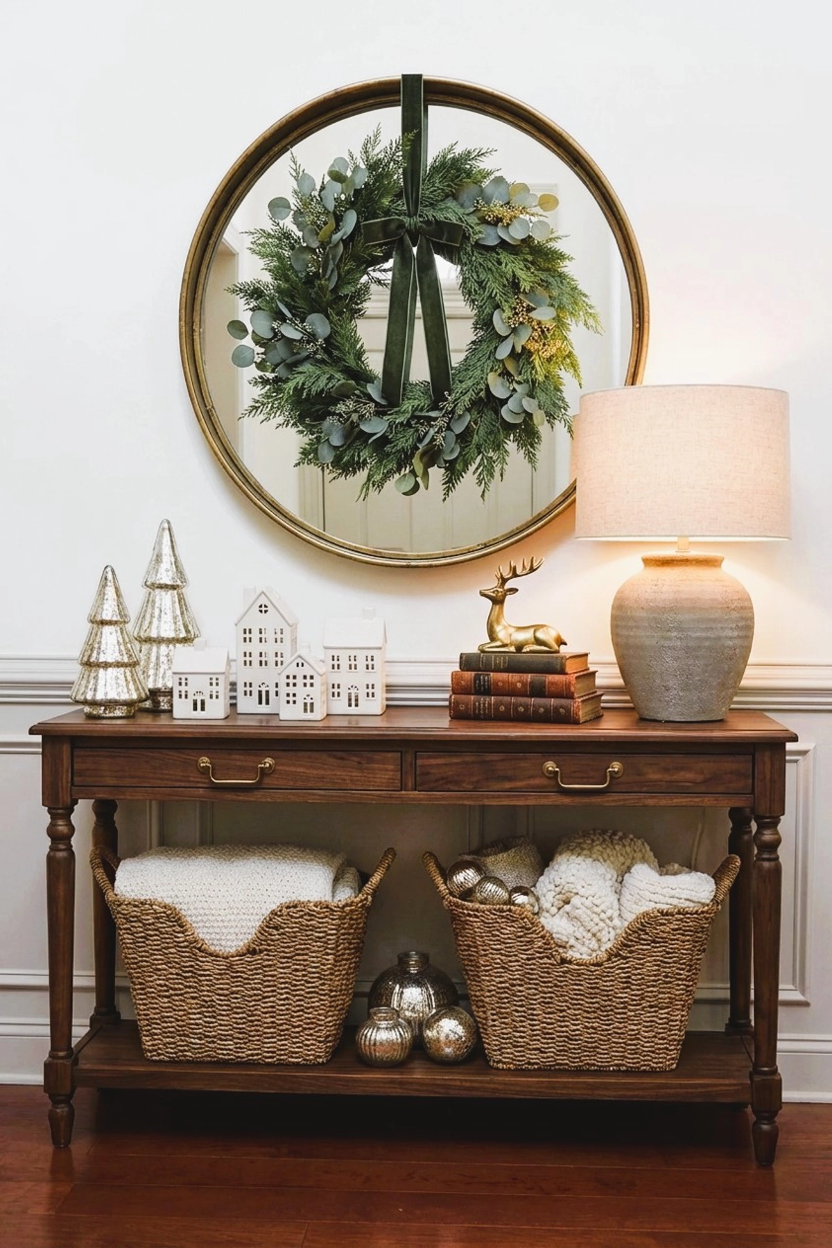 Dark wood console with lush green wreath with eucalyptus and velvet ribbon over round mirror, mercury glass trees, ceramic village houses, gold reindeer figurine, stacked books, woven baskets with blankets, metallic ornaments.