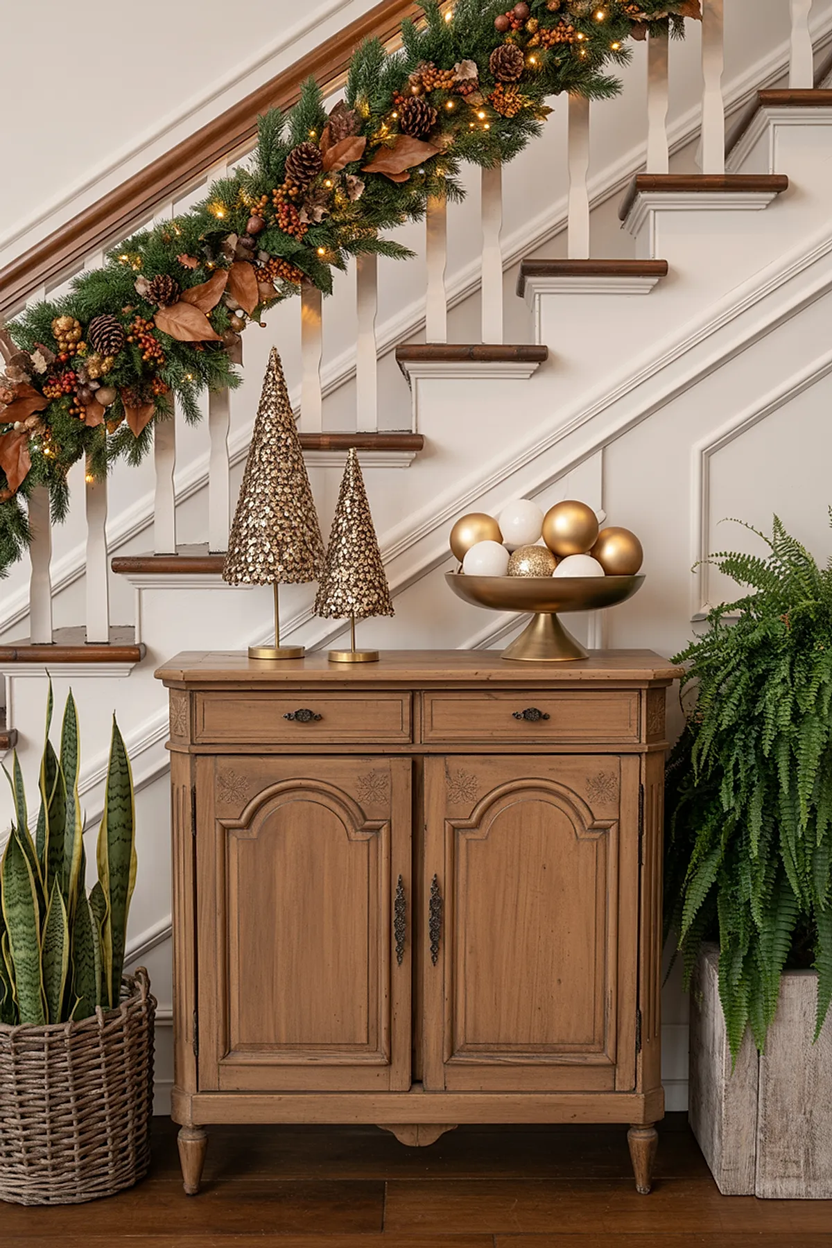Wooden console table with gold sequined cone-shaped Christmas trees, gold pedestal bowl filled with white and gold ornaments, green garland with pinecones and berries on staircase banister, white walls, dark hardwood floors.