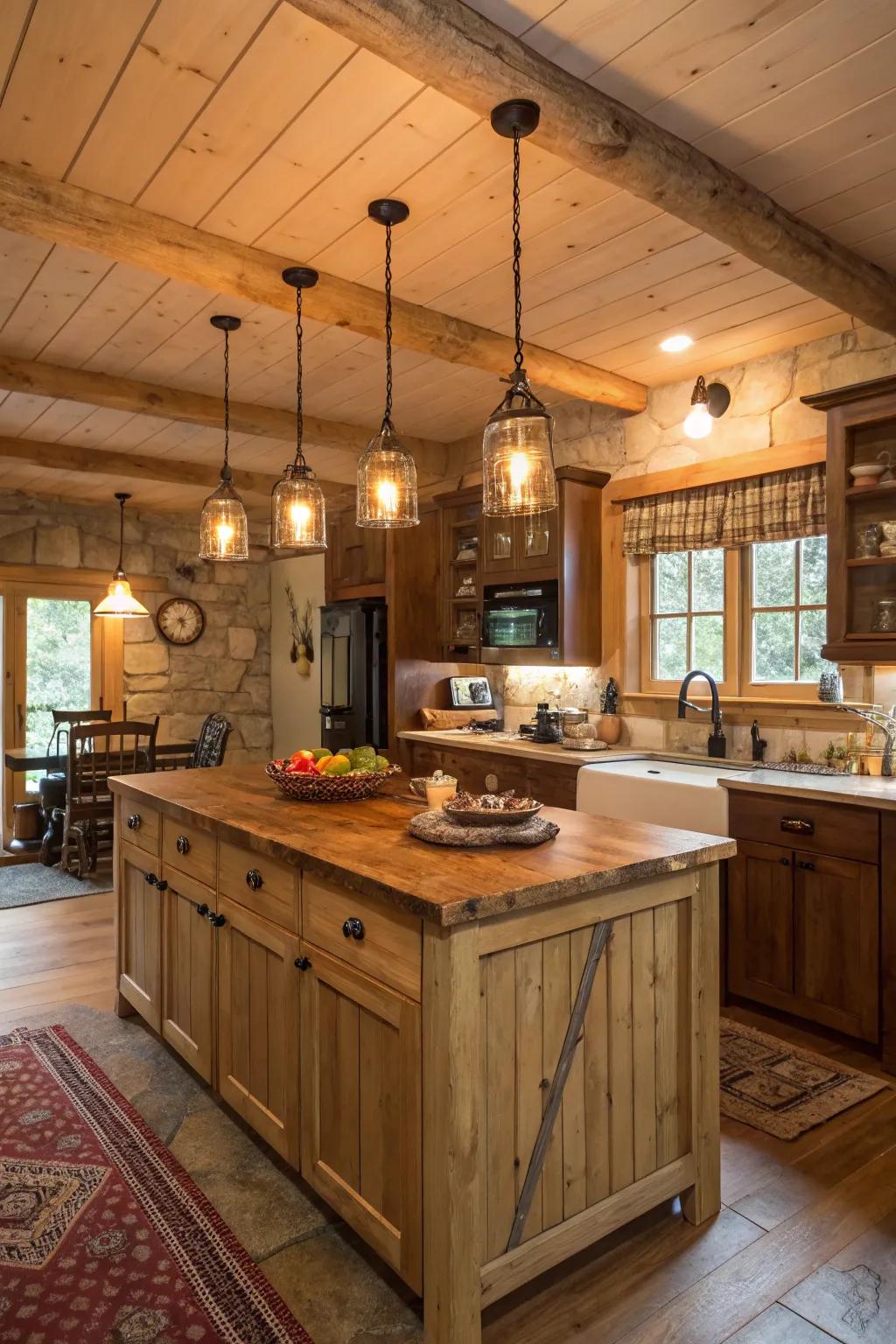 Warm drop lights light up this welcoming kitchen.