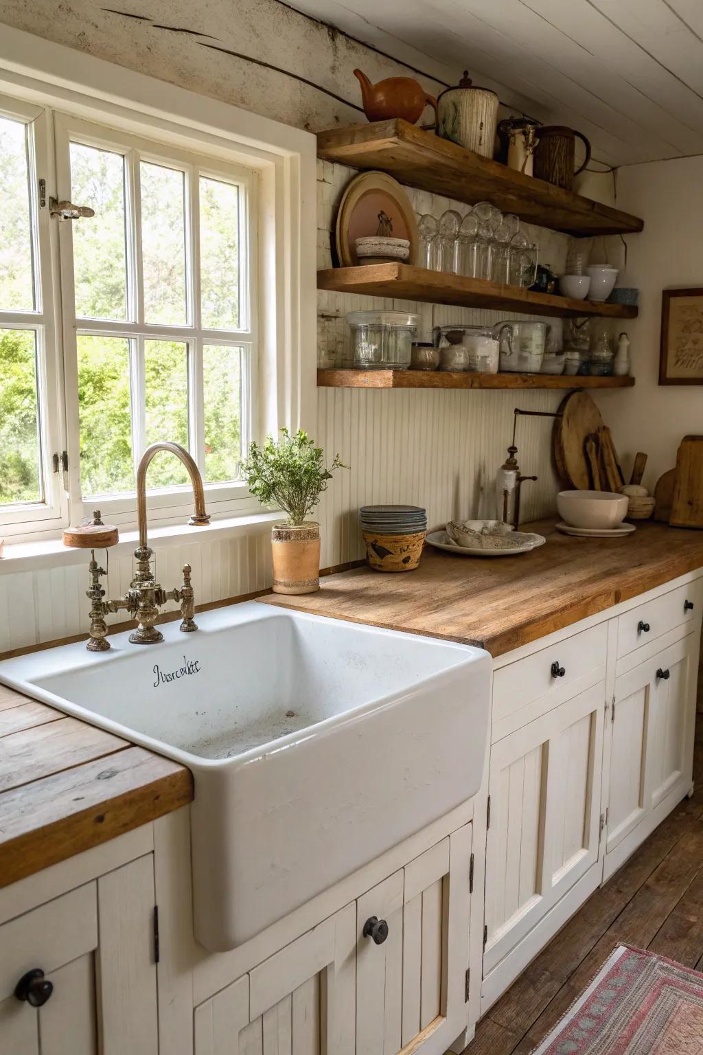 A plantation sink acts as a country center point in this cottage kitchen.