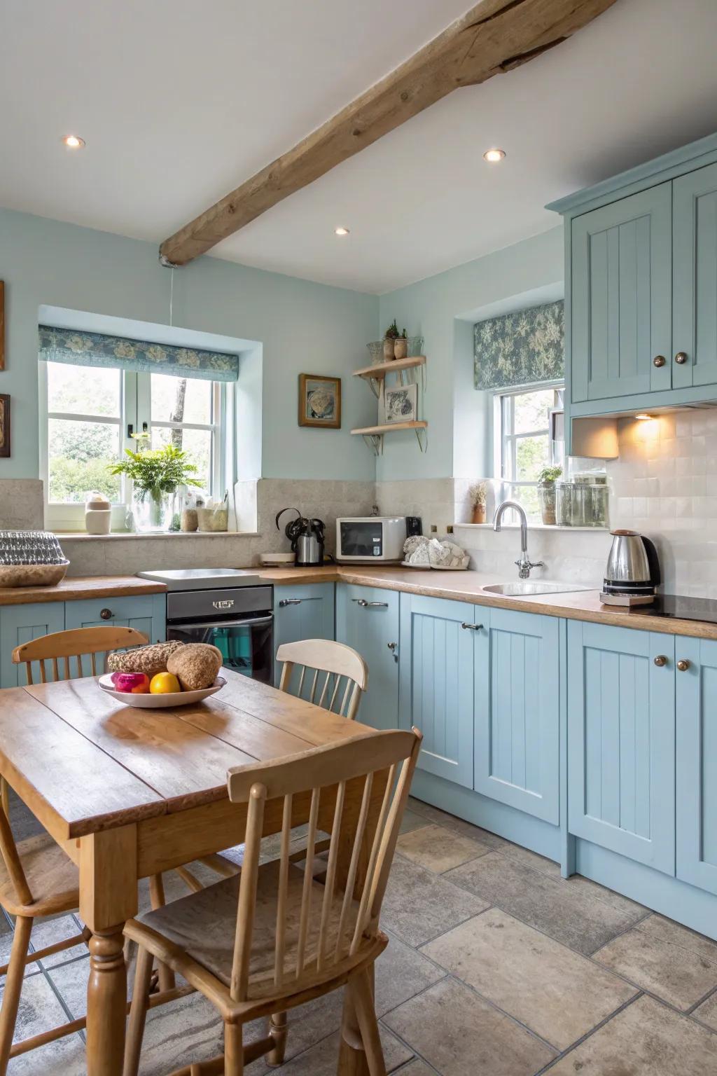 Airy blue cabinets give a gentle, inviting sensation to the kitchen.