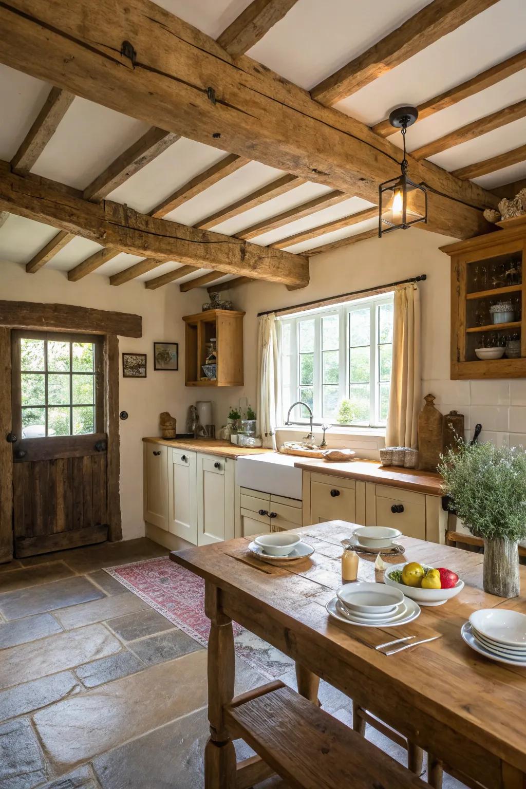 Untreated lumber roof supports and a country table in a snug cottage kitchen.