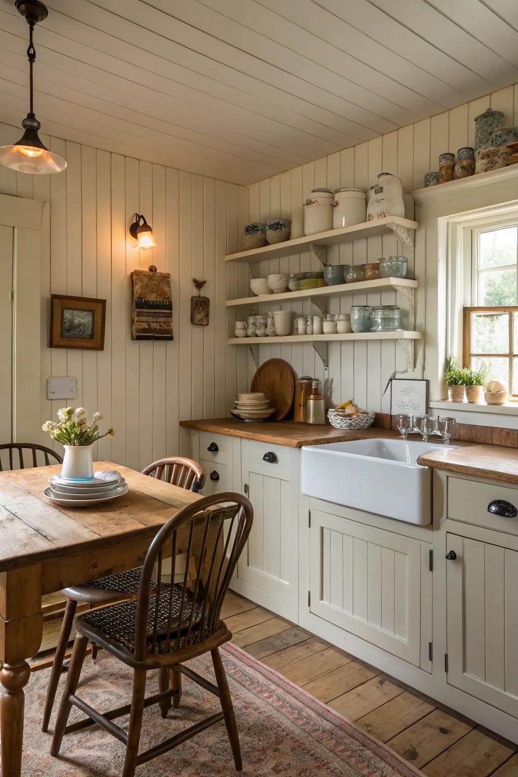 Wainscot paneling lends uniqueness to this charming kitchen.