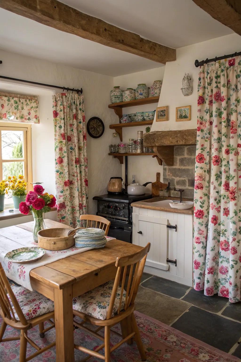 Flowered textiles amplify the snug sensation of this cottage kitchen.