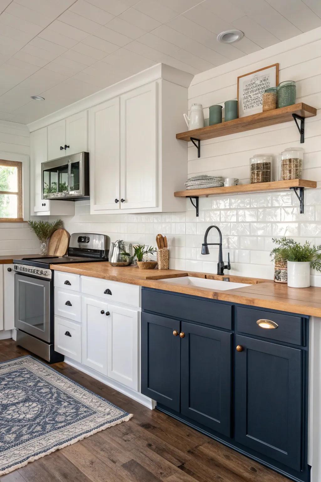 Contrasting shade cupboards introduce dimension and panache to this kitchen.