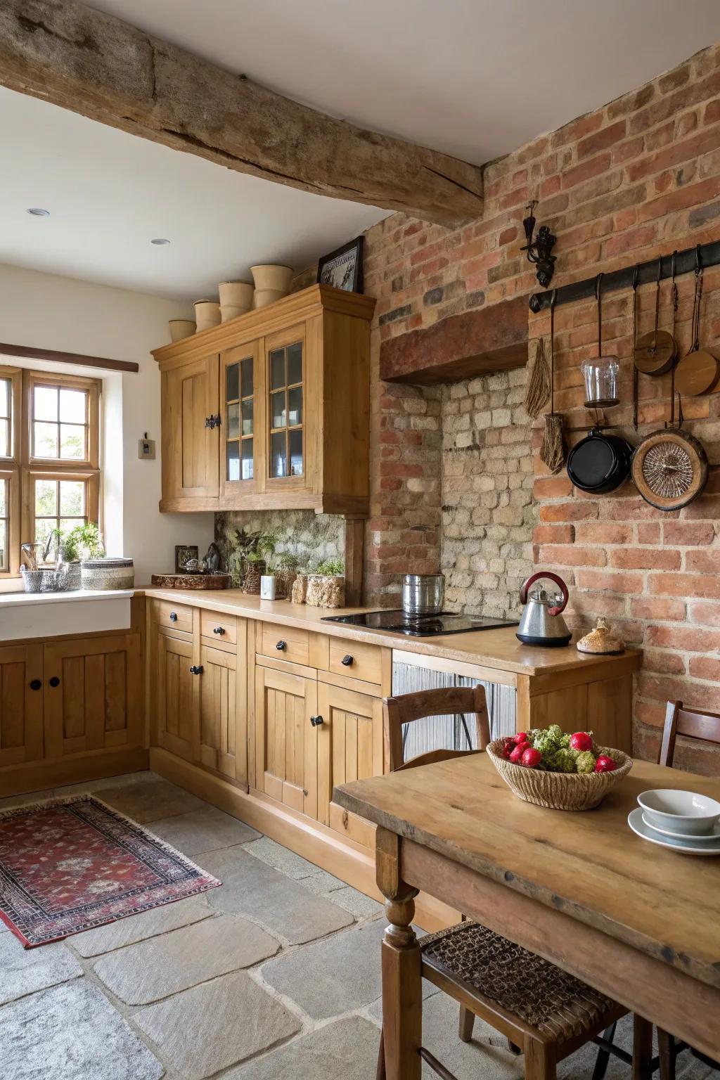 Visible brickwork introduces a country center point to this kitchen.