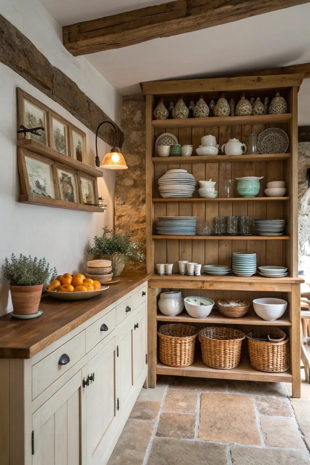 Visible racks presenting lovely tableware in a cottage kitchen.