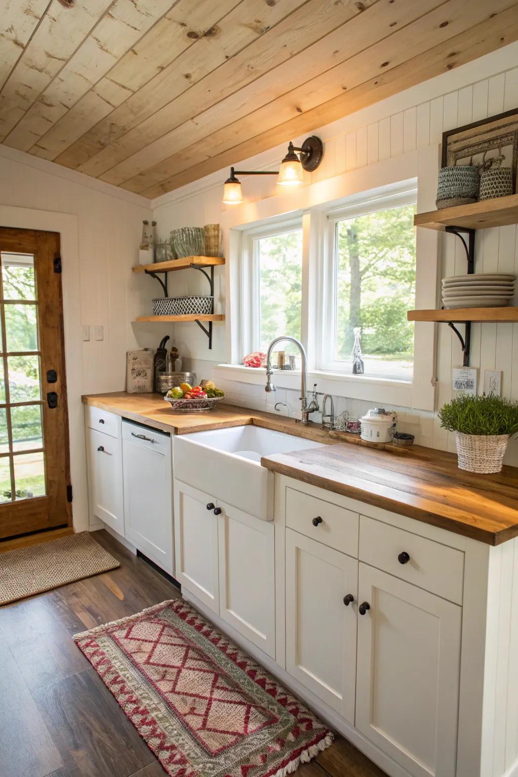 Warm wood block worktops complement the white cabinets.
