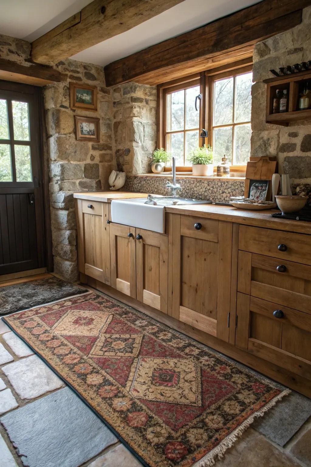 A textured floor covering introduces coziness and hue to the kitchen floor.