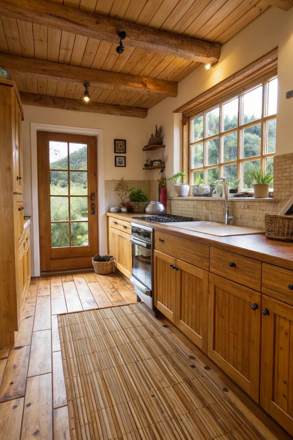 Green bamboo flooring elevates the kitchen's natural sensation.