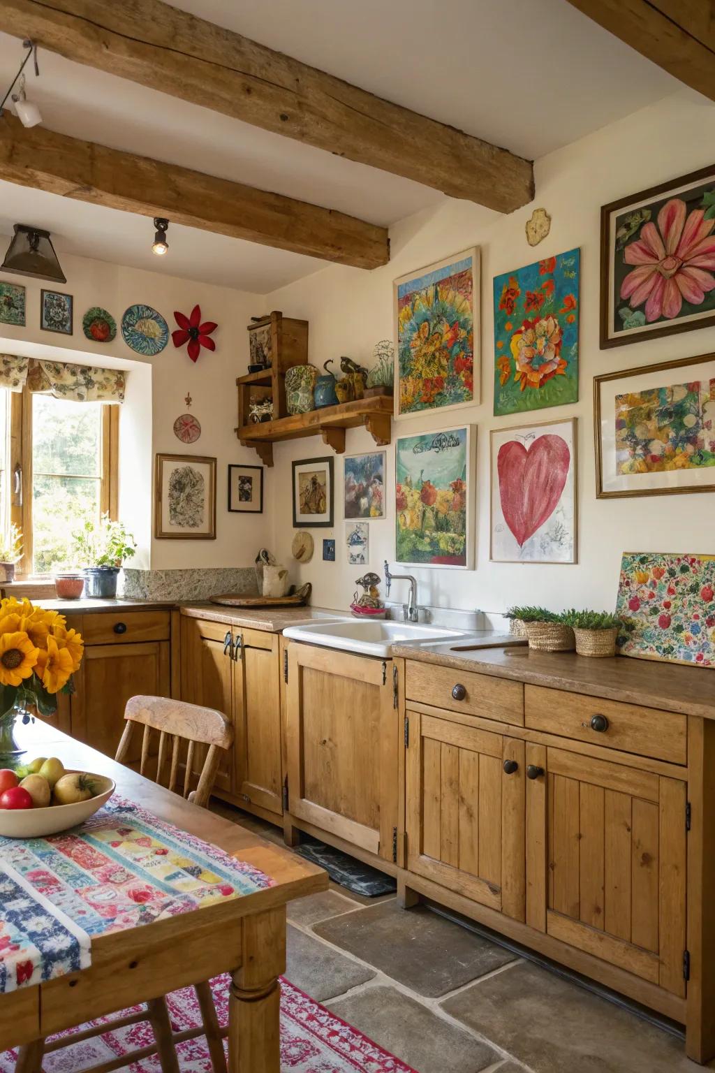 Art introduces a personal touch to this colorful cottage kitchen.