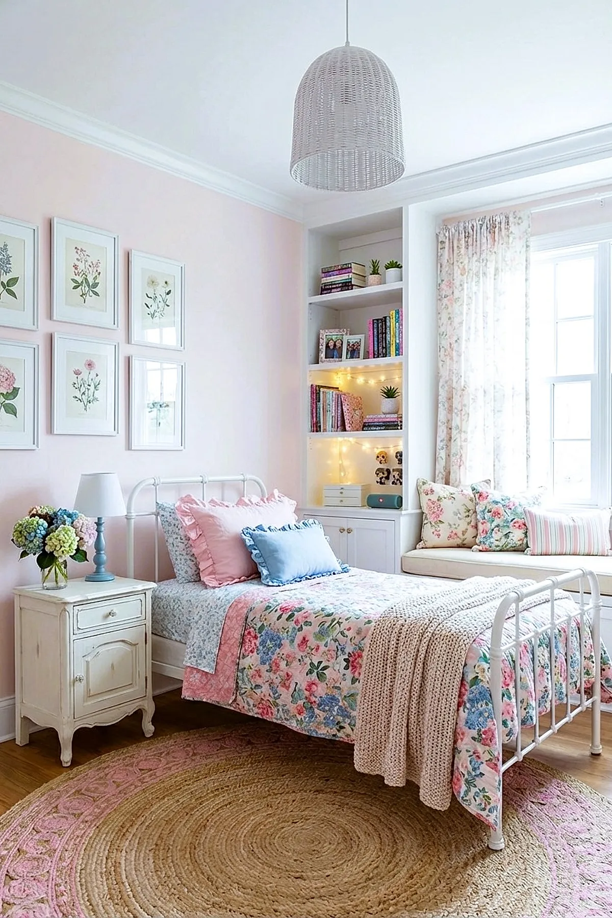 Girl's bedroom with pastel pink walls featuring white metal bed dressed in floral patterned bedding, built-in white bookshelves filled with books and plants lit by string lights, a white nightstand with blue lamp and flower bouquet, floral curtains framing a large window, and decorative framed botanical prints on the wall.