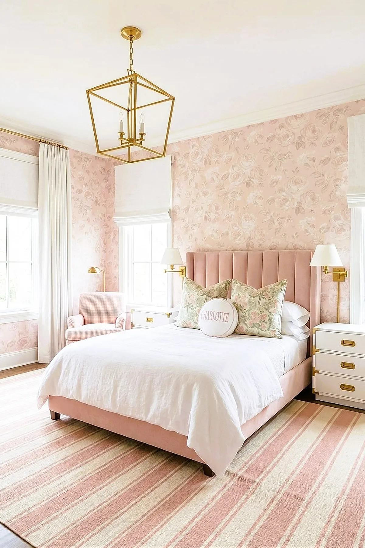 Girl's bedroom featuring a soft pink velvet upholstered bed with vertical channel tufting, floral patterned wallpaper in pastel pinks and creams, matching floral pillows, white bedding, striped pink and cream area rug, white nightstands with gold accents, a blush gingham armchair by the window, white curtains, and a gold geometric pendant light.
