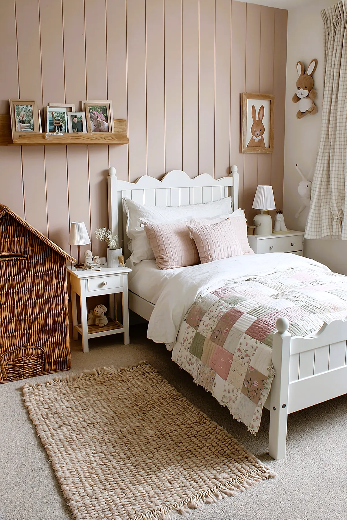 Girl's bedroom with white wooden bed frame dressed in white bedding and pink pillows, featuring a pastel floral patchwork quilt, beige paneled wall behind the bed, woven wicker dollhouse, natural fiber rug on carpet floor, white nightstands with lamps, and plaid curtains.