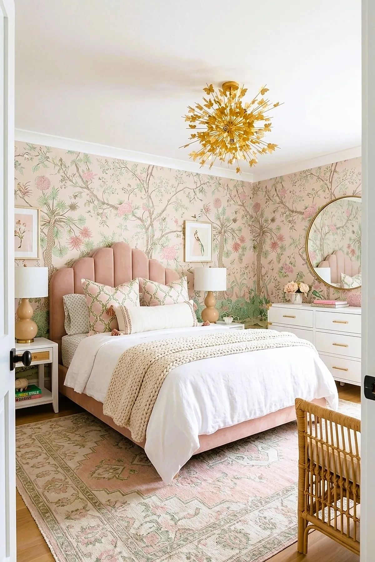 Girl's bedroom featuring a pink velvet scalloped headboard bed, floral wallpaper in soft pastel tones, cream bedding with textured throw blanket, two matching peach-toned lamps on white nightstands, a round gold-framed mirror above a white dresser, and a striking gold butterfly chandelier overhead.