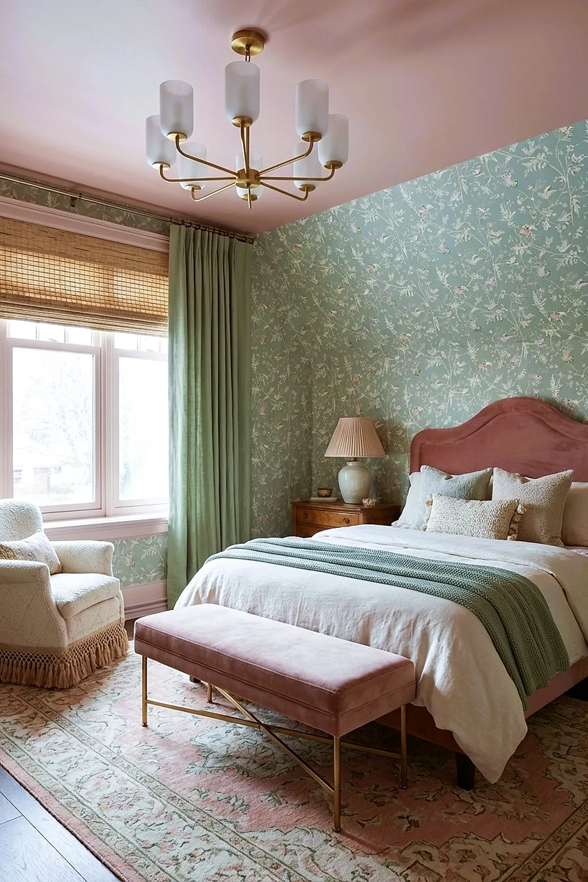 Girl's bedroom with a blush pink ceiling, green floral wallpapered walls, a dusty rose upholstered headboard, cream bedding accented with a sage green throw blanket, a wooden nightstand with a ceramic lamp, pale green curtains, a textured cream armchair, and a matching pink velvet bench at the foot of the bed on top of a vintage-style floral rug.