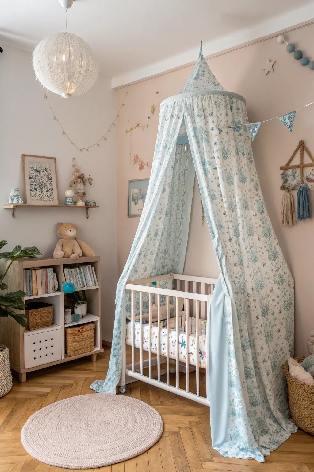 A fanciful tent adds a magical touch to the cot.