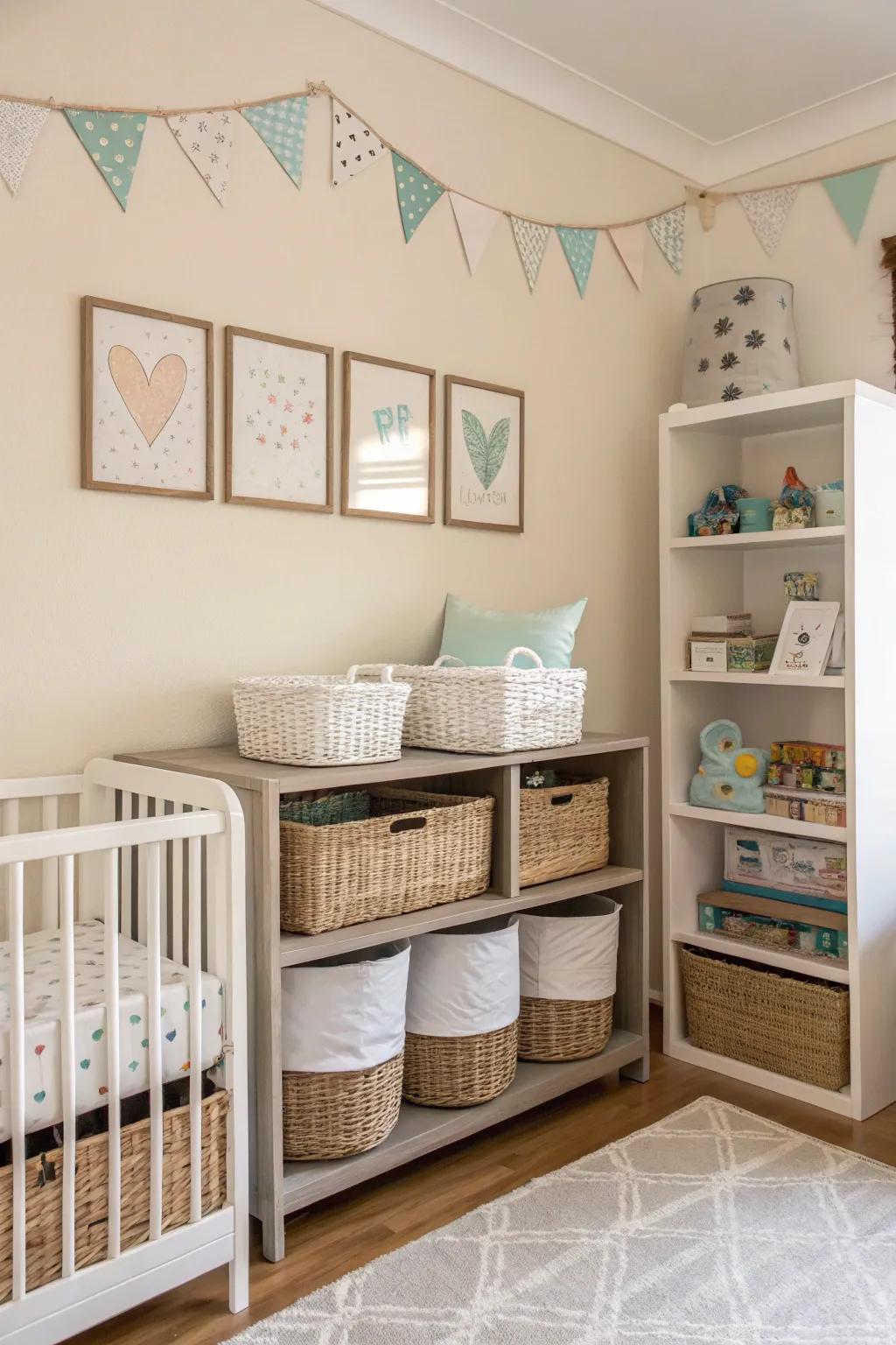 Useful storage maintains the room's neatness and organization.