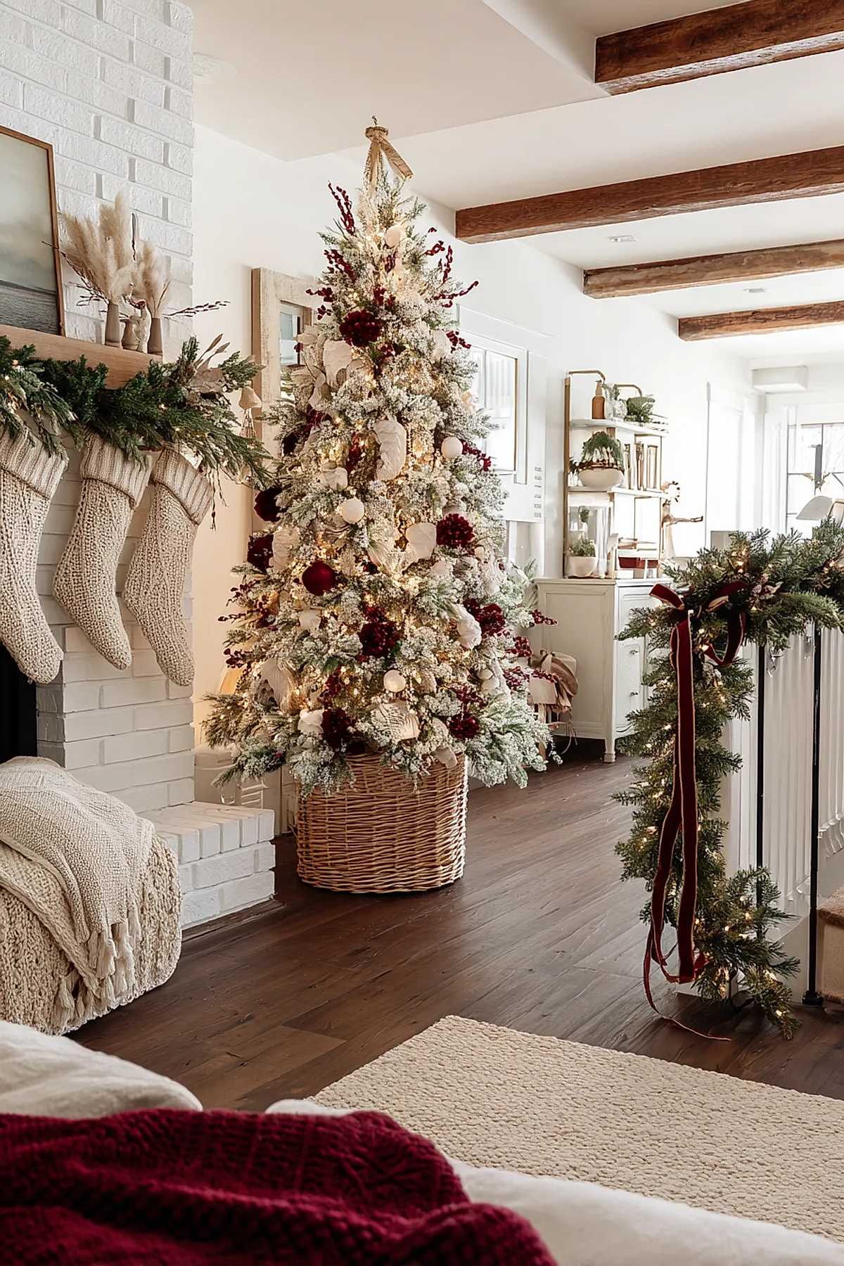 A traditional christmas tree with frosted branches decorated with deep red berries, white and cream ornaments, standing next to a white brick fireplace adorned with beige knitted stockings and green garland.