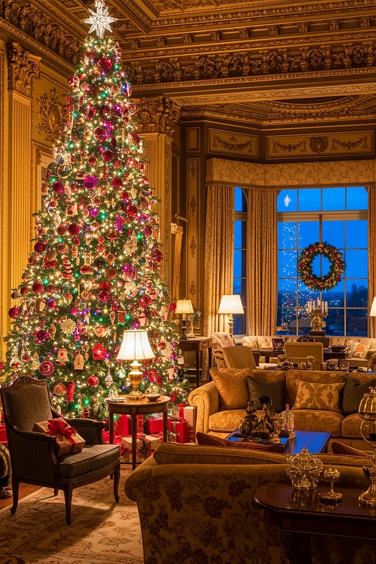 Tall traditional christmas tree decorated with multicolored string lights, red and gold round ornaments, candy cane decorations, Santa figurines, topped with a glowing white star in an opulent room featuring gold accents and large windows.