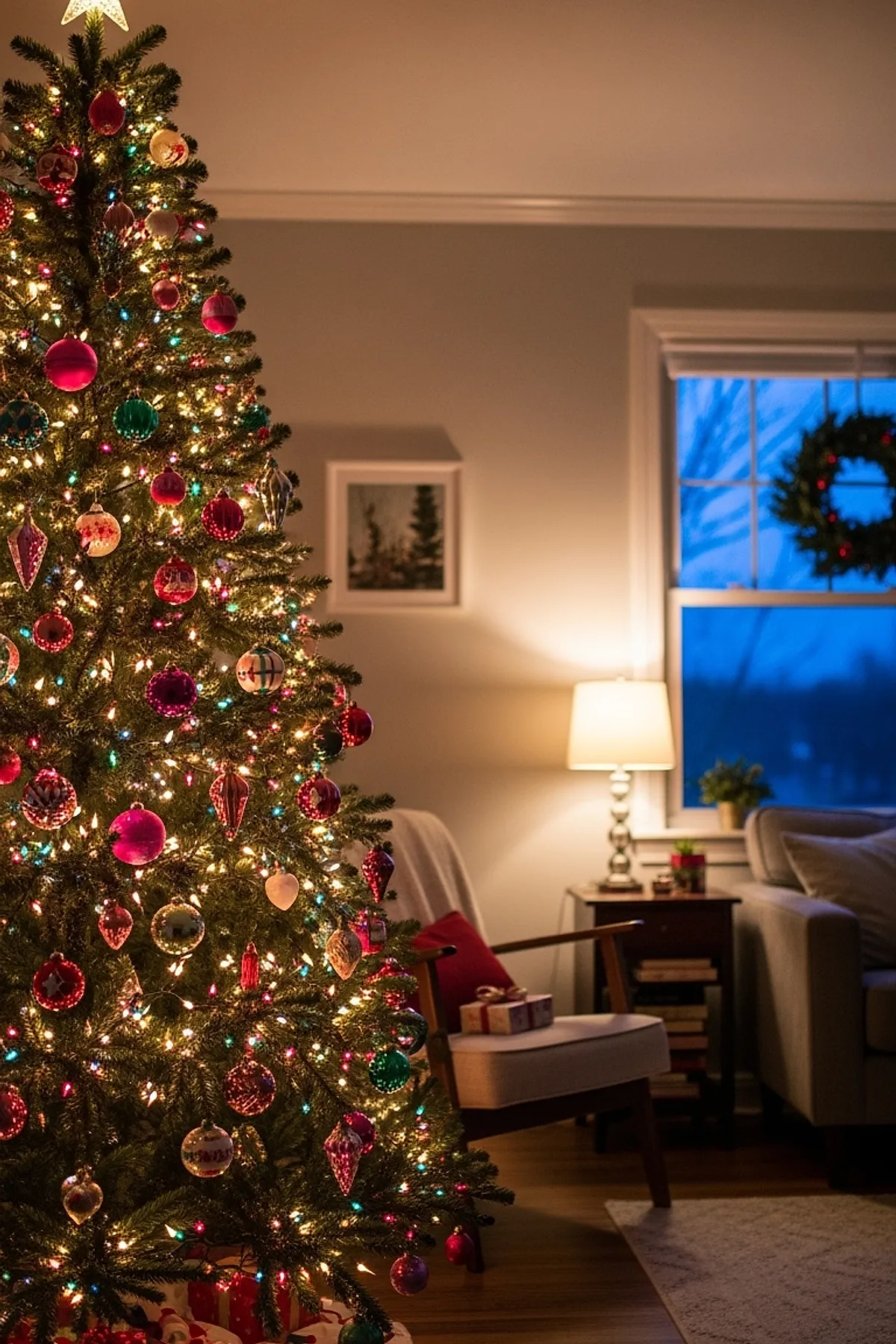 traditional christmas tree adorned with warm white and multicolored string lights, decorated with various vintage-style glass ornaments in red, pink, teal, gold hues, including balls, teardrops, hearts, set in a softly lit living room with a window showing an outdoor wreath.